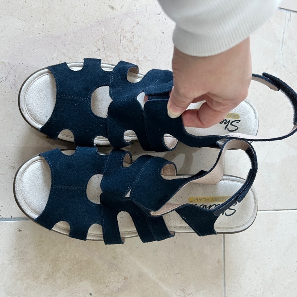 Sketchers Women's Size 9 Navy Sling Back Wedge Suede Peep Toe Memory Foam Sandle - Picture 4 of 11